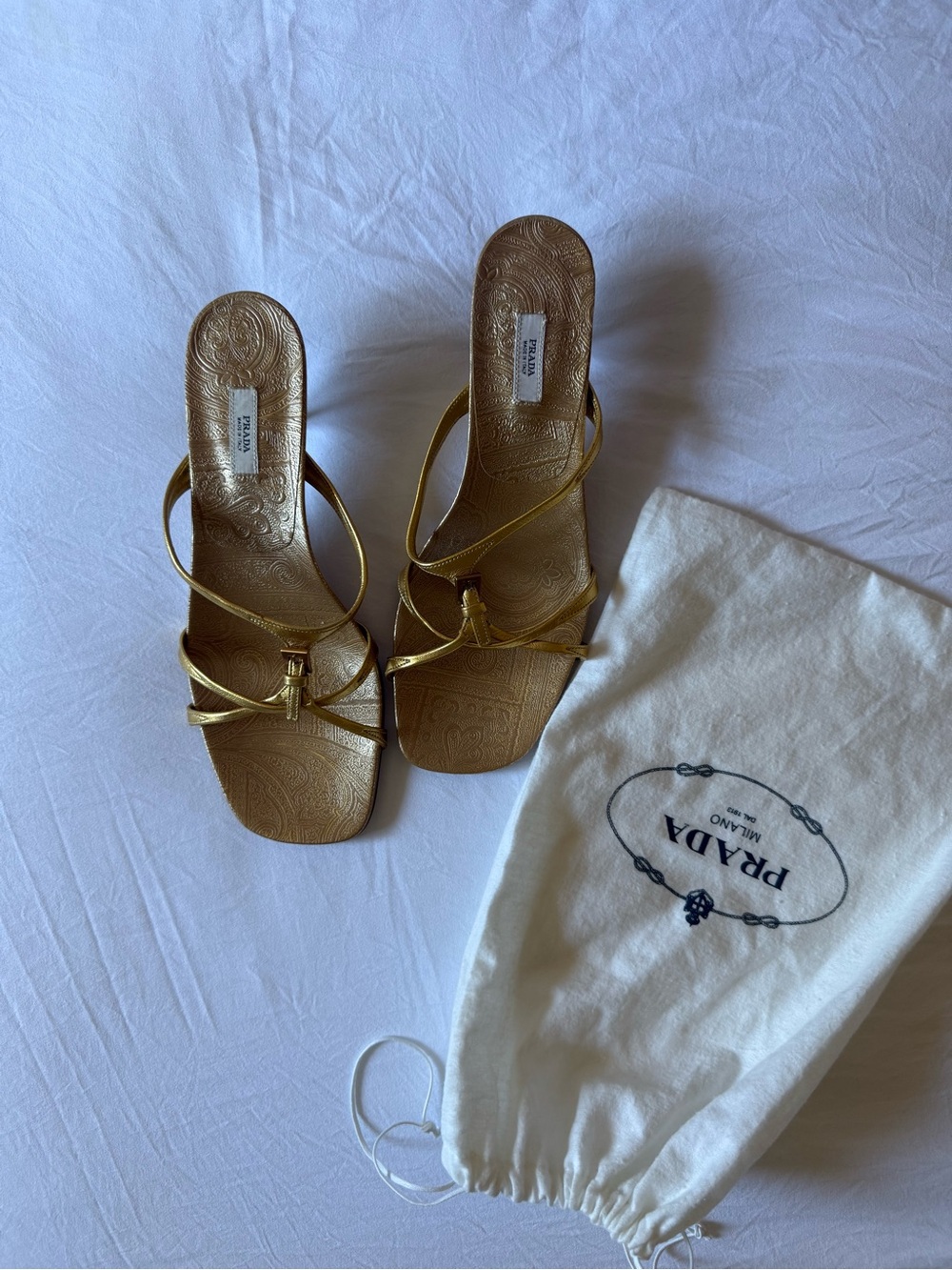 Vintage Prada Metallic Gold Strappy Kitten heels mules/Sandals, size 39.5